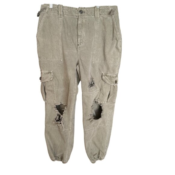 Topshop Olive Green Distressed Cargo Pants With Adjustable Waistband & Multiple - Picture 1 of 6